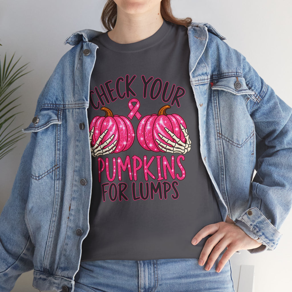 Breast Cancer Awareness T-Shirt — "Check Your Pumpkins for Lumps" Pink Ribbon Tee
