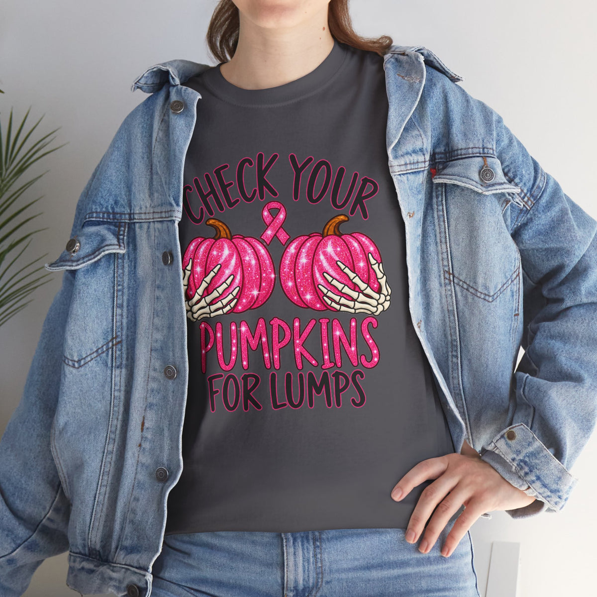 Breast Cancer Awareness T-Shirt — "Check Your Pumpkins for Lumps" Pink Ribbon Tee