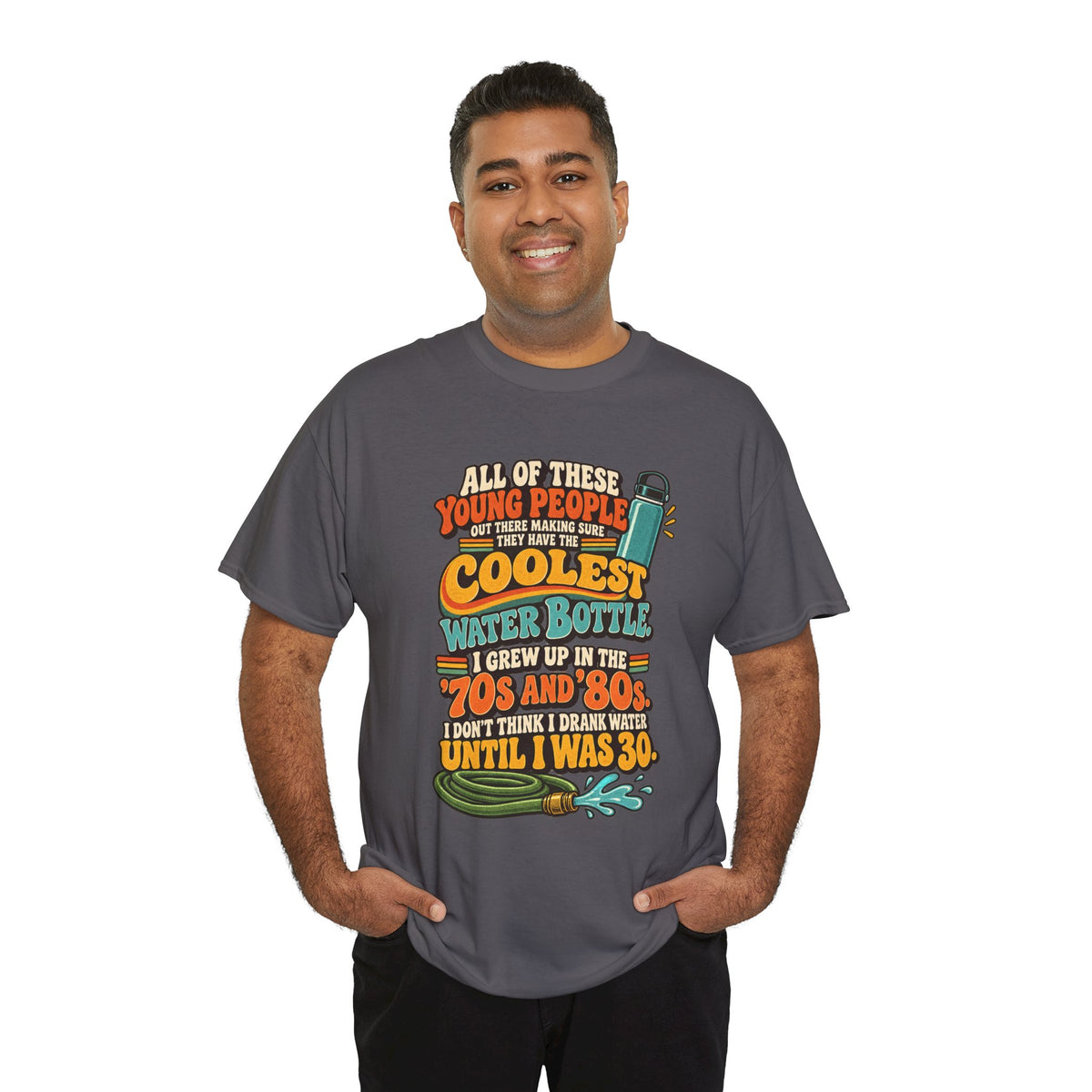 Retro 70s-80s Funny Water Bottle Tee — "Coolest Water Bottle" Graphic T-Shirt