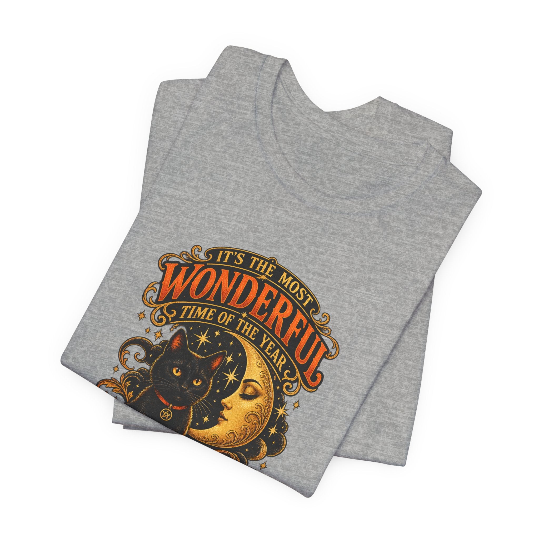 Halloween Cat Tee — "It's the Most Wonderful Time of the Year" Pumpkin & Moon Shirt