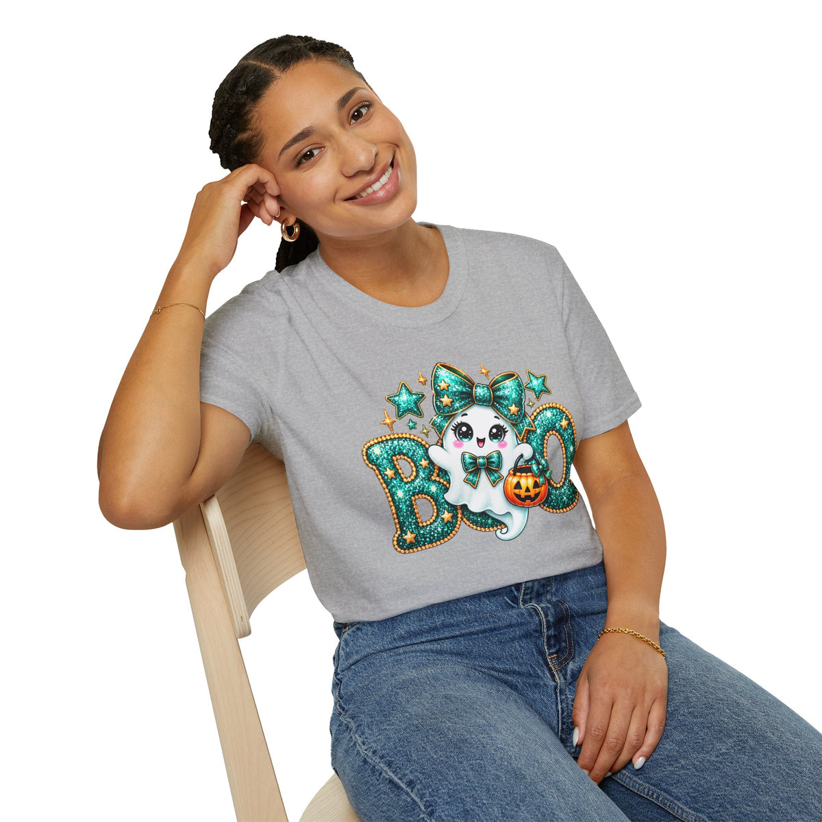 Boo Ghost Graphic T-Shirt — Cute Teal Glitter Halloween Tee