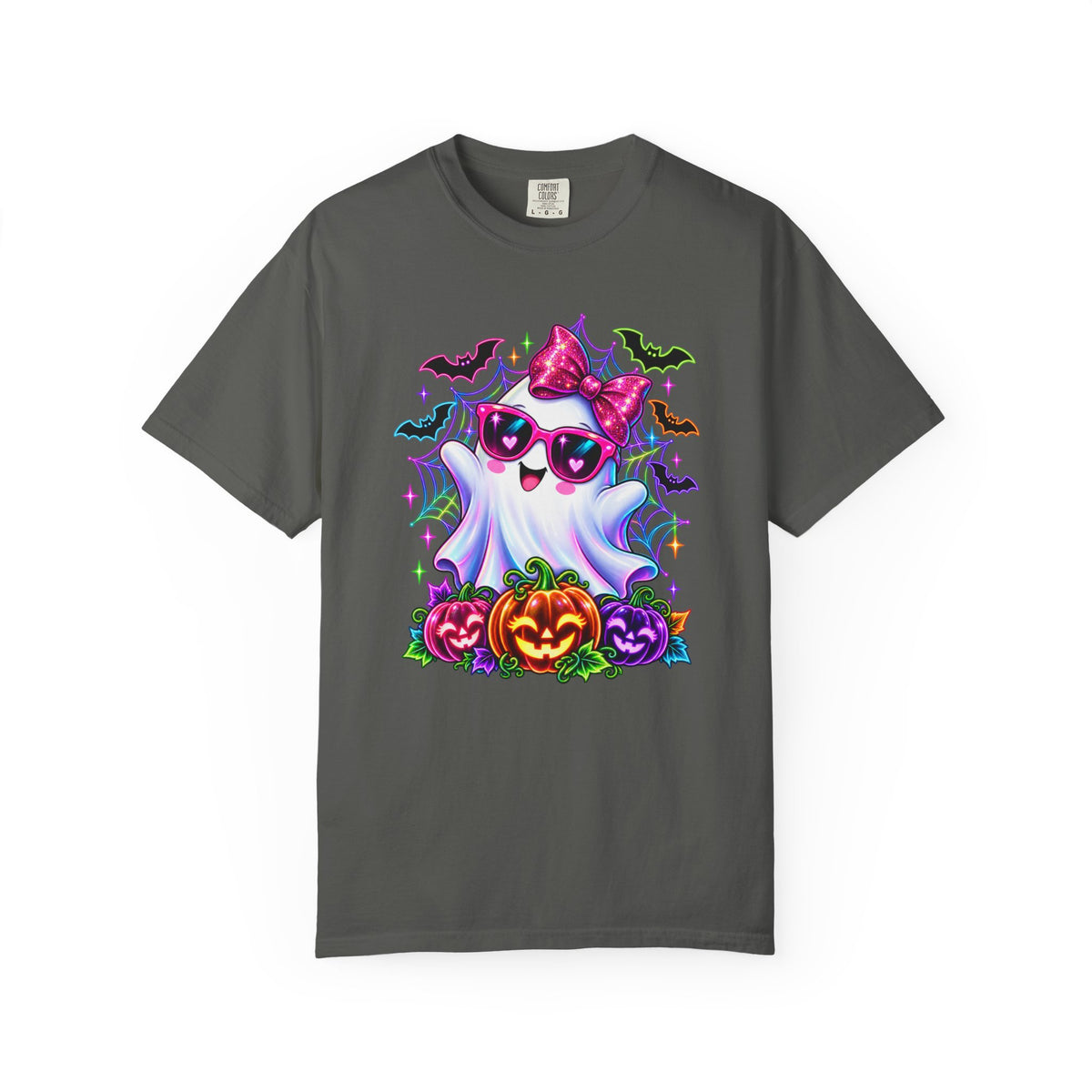 Cute Halloween Ghost T-Shirt — Pink Bow Ghost with Sunglasses & Pumpkins
