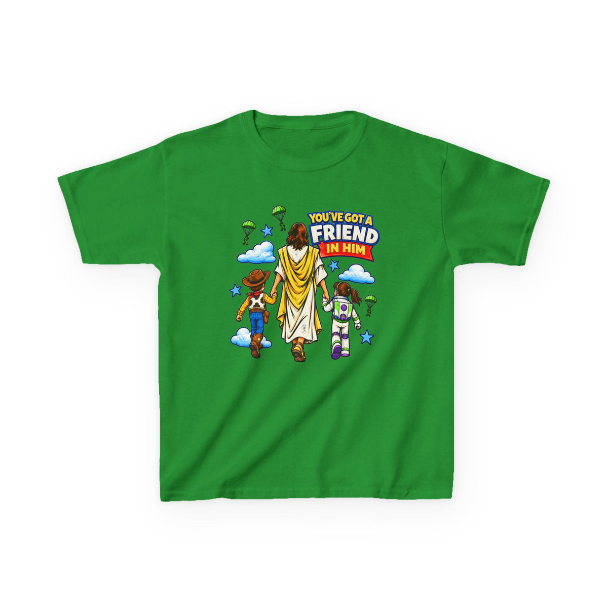 Kids Tee — "You've Gotta Friend in Him" Inspirational Jesus & Toy Friends Graphic