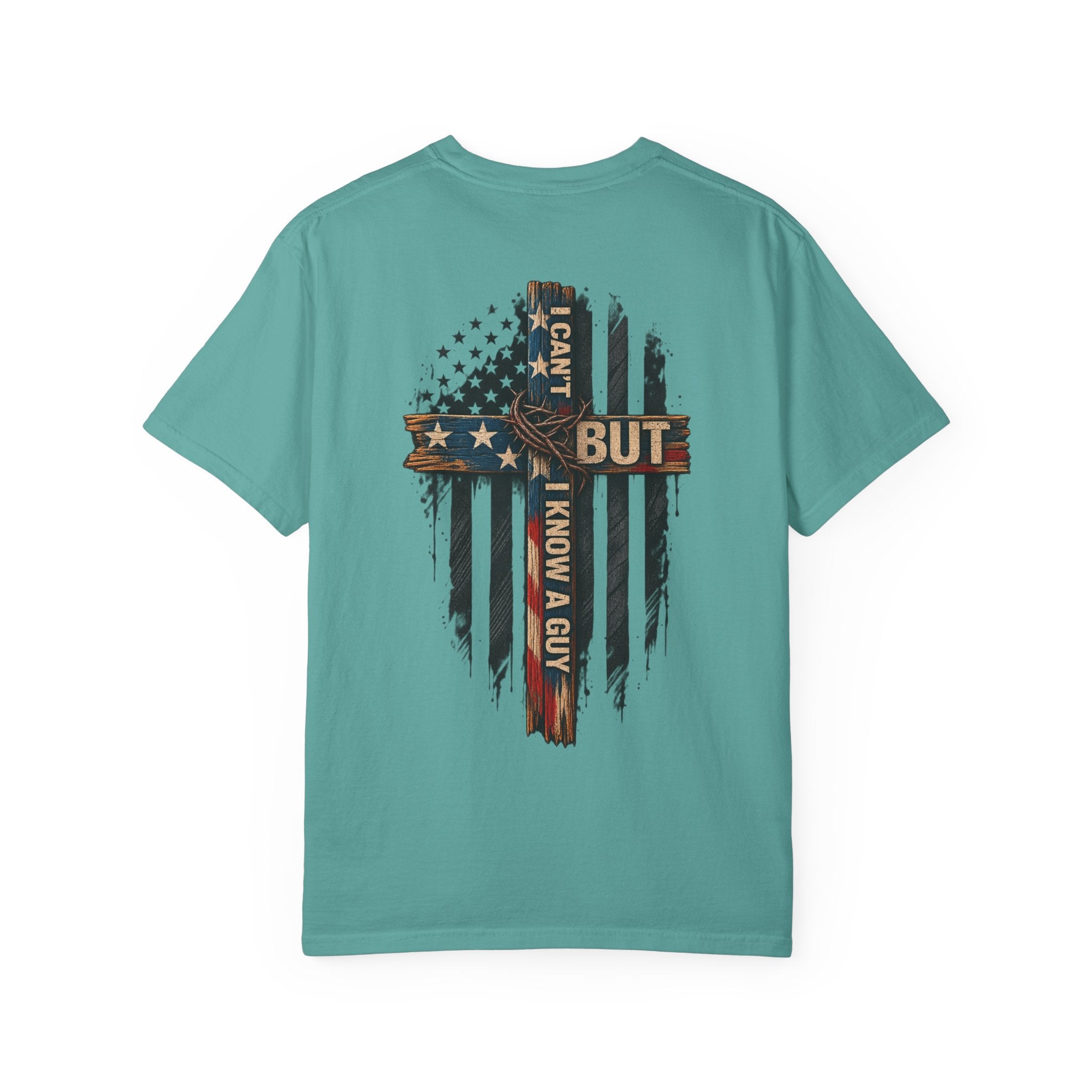 T-Shirt — 'I Can't But I Know A Guy' American Flag Cross Graphic