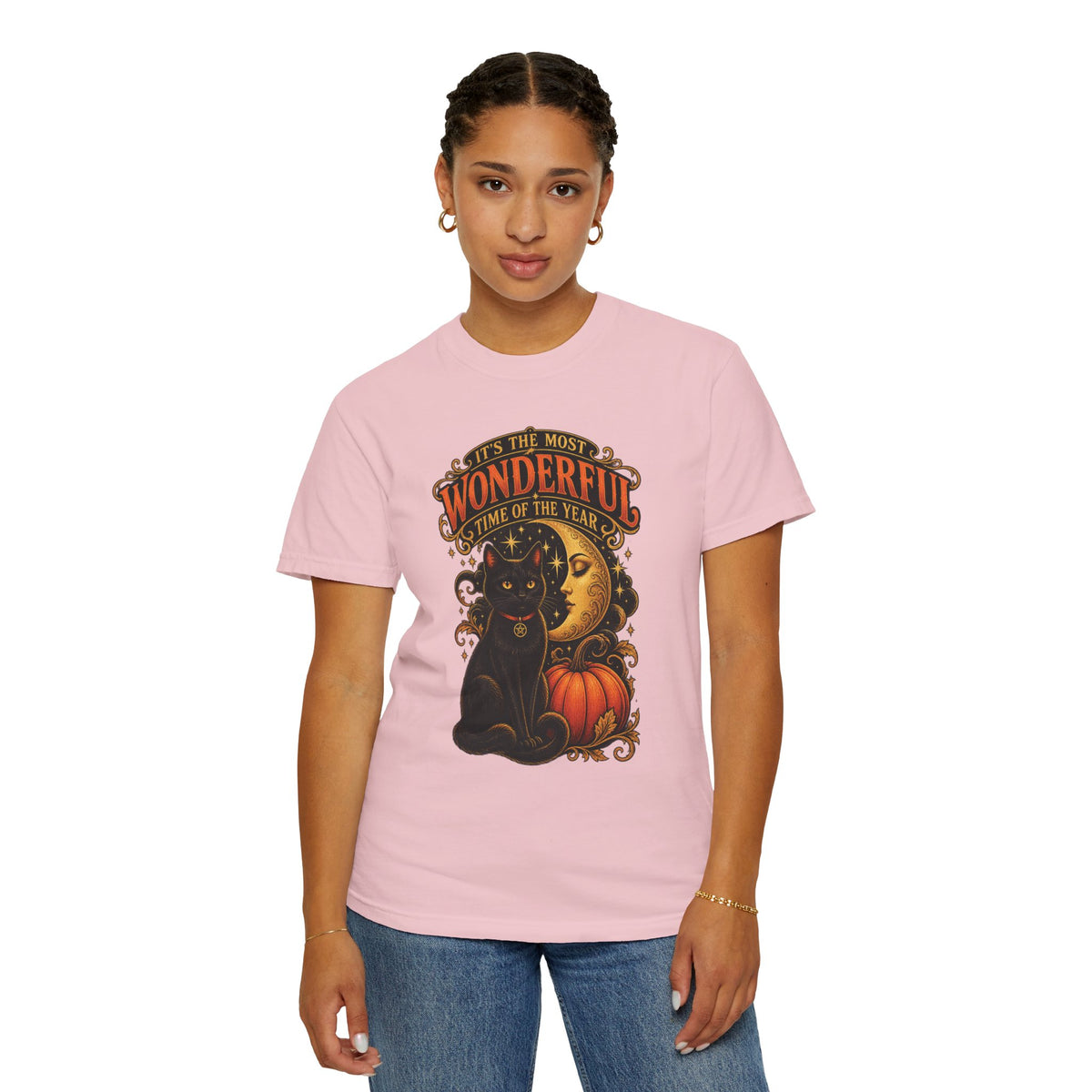 T-Shirt — "It's the Most Wonderful Time of the Year" Halloween Black Cat & Pumpkin