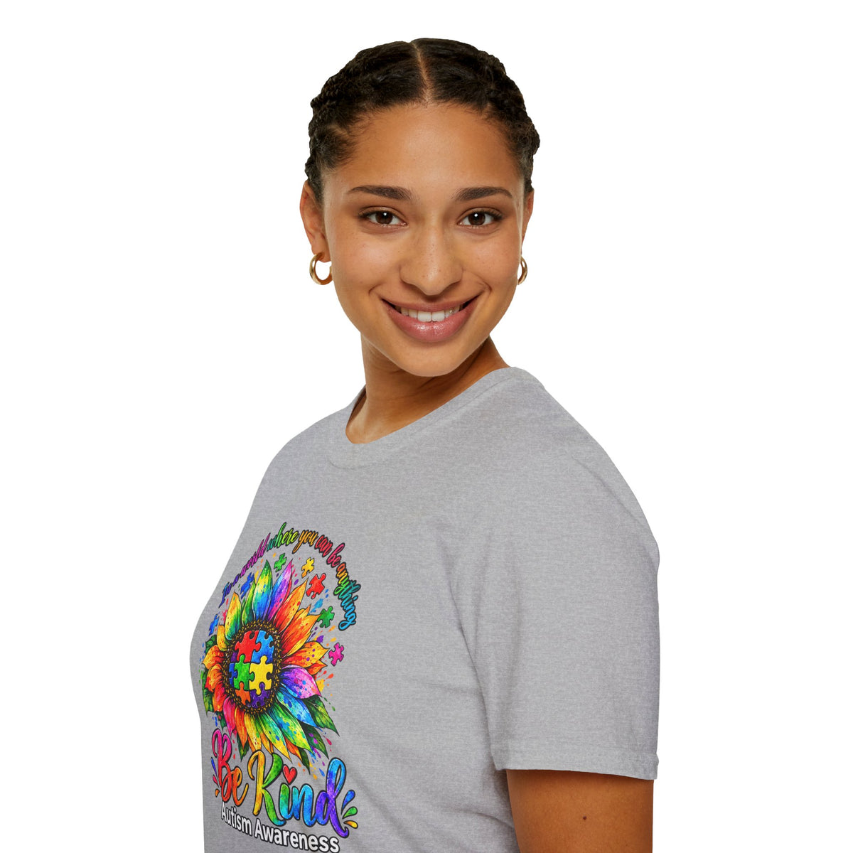 Autism Awareness Sunflower T-Shirt — 'Be Kind' Rainbow Puzzle Design