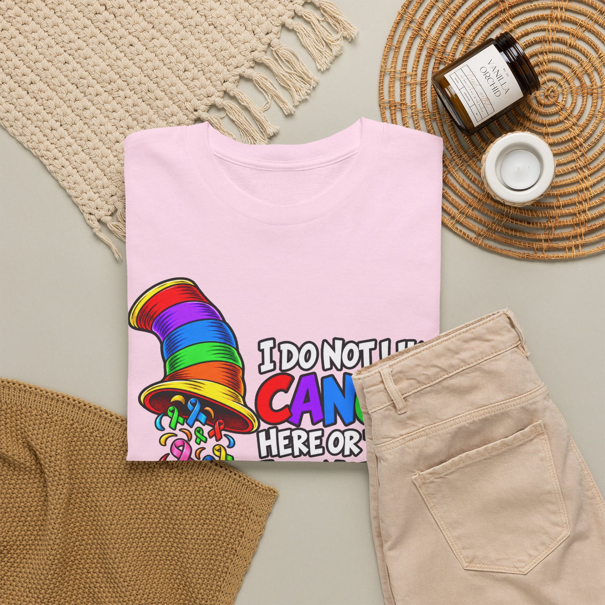 Cancer Awareness T-Shirt — “I Do Not Like Cancer Here or There” Rainbow Ribbon Tee