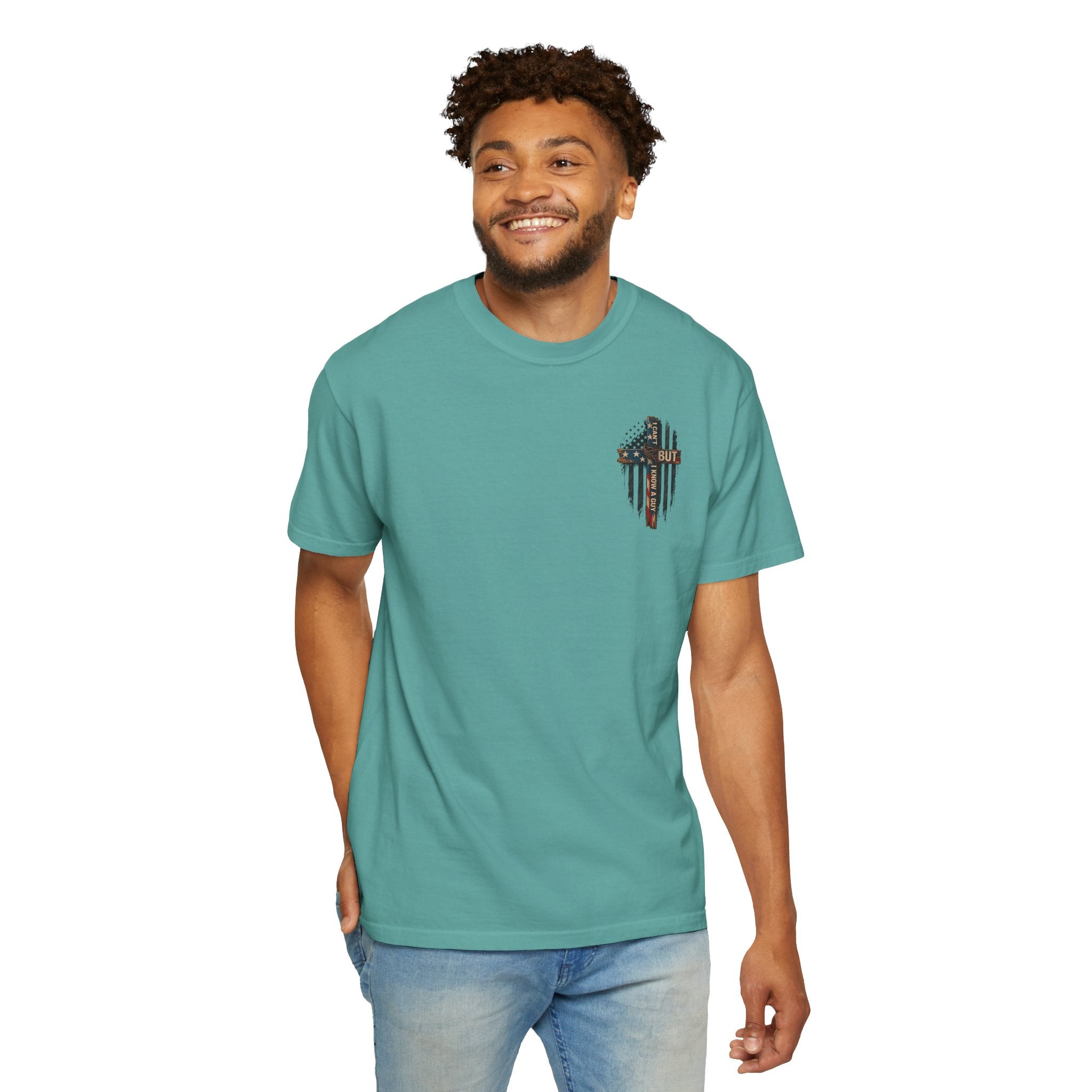 T-Shirt — 'I Can't But I Know A Guy' American Flag Cross Graphic