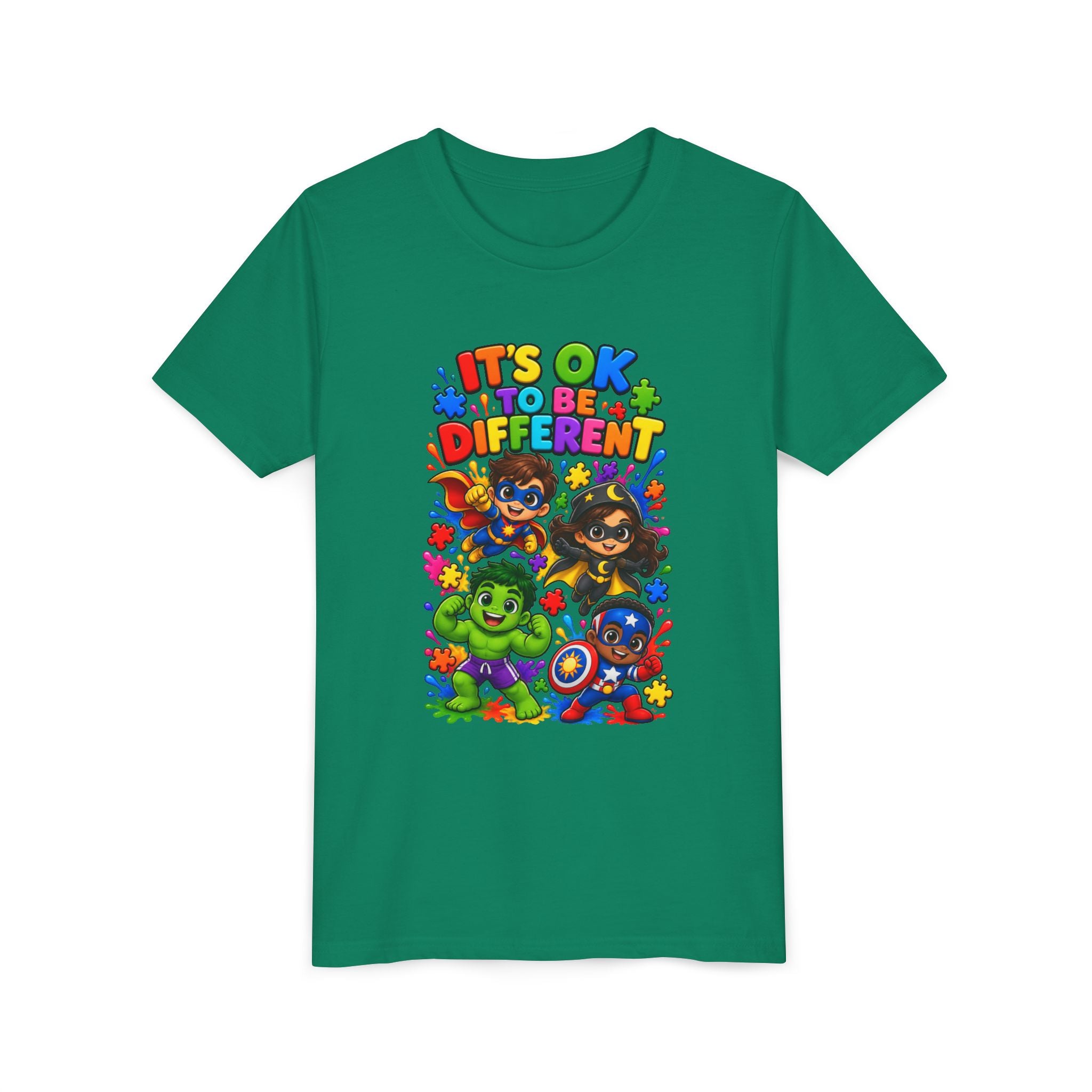 Kids T-Shirt — "It's OK to Be Different" Colorful Superhero Diversity Tee