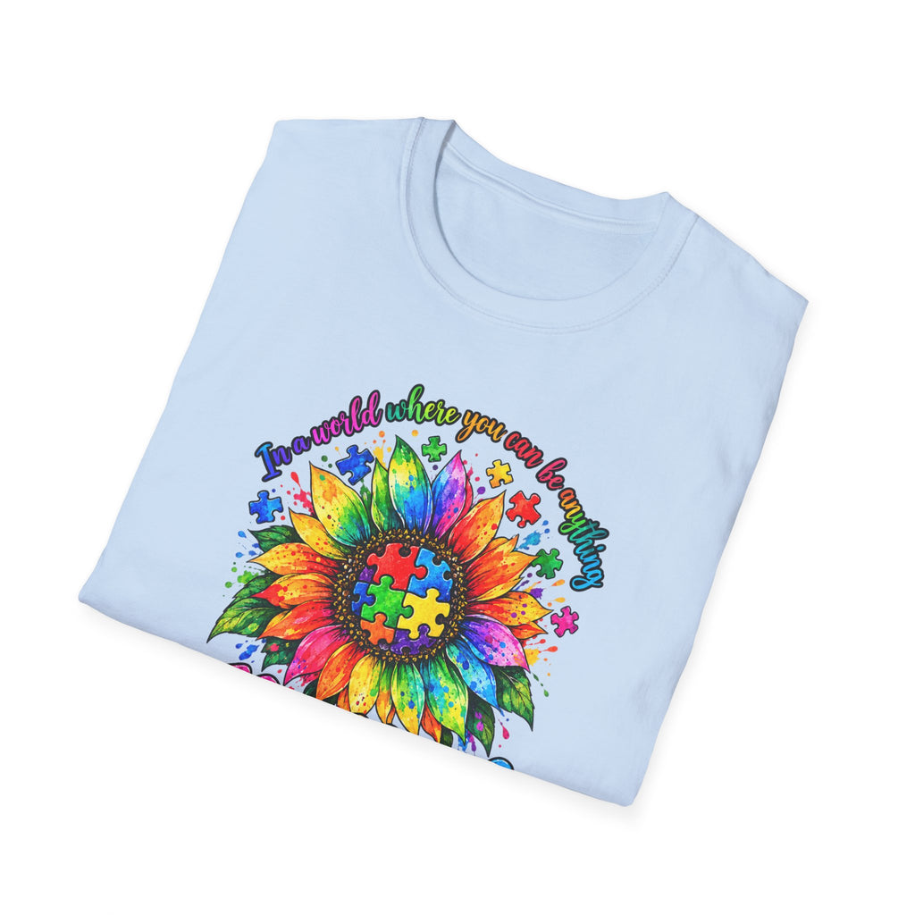Autism Awareness Sunflower T-Shirt — 'Be Kind' Rainbow Puzzle Design