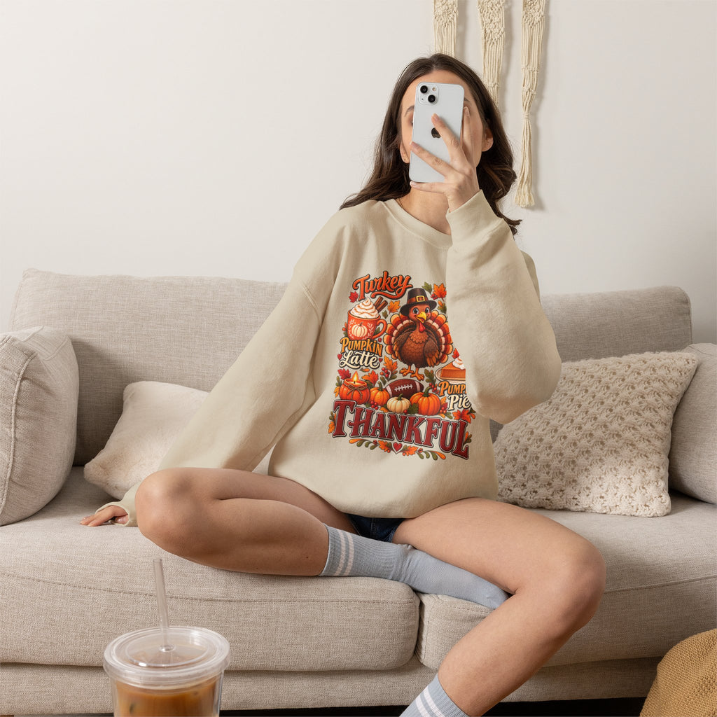 Thankful Thanksgiving Sweatshirt — Cute Turkey & Fall Harvest Crewneck