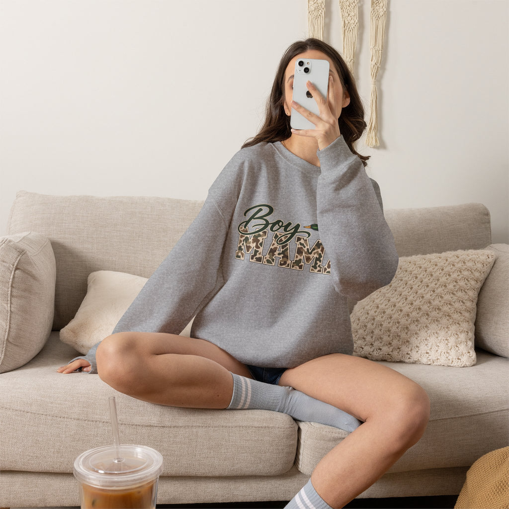 Boy Mama Crewneck Sweatshirt — Camo Lettering with Flying Duck