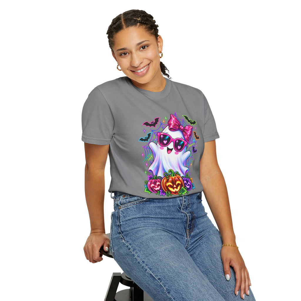 Cute Halloween Ghost T-Shirt — Pink Bow Ghost with Sunglasses & Pumpkins