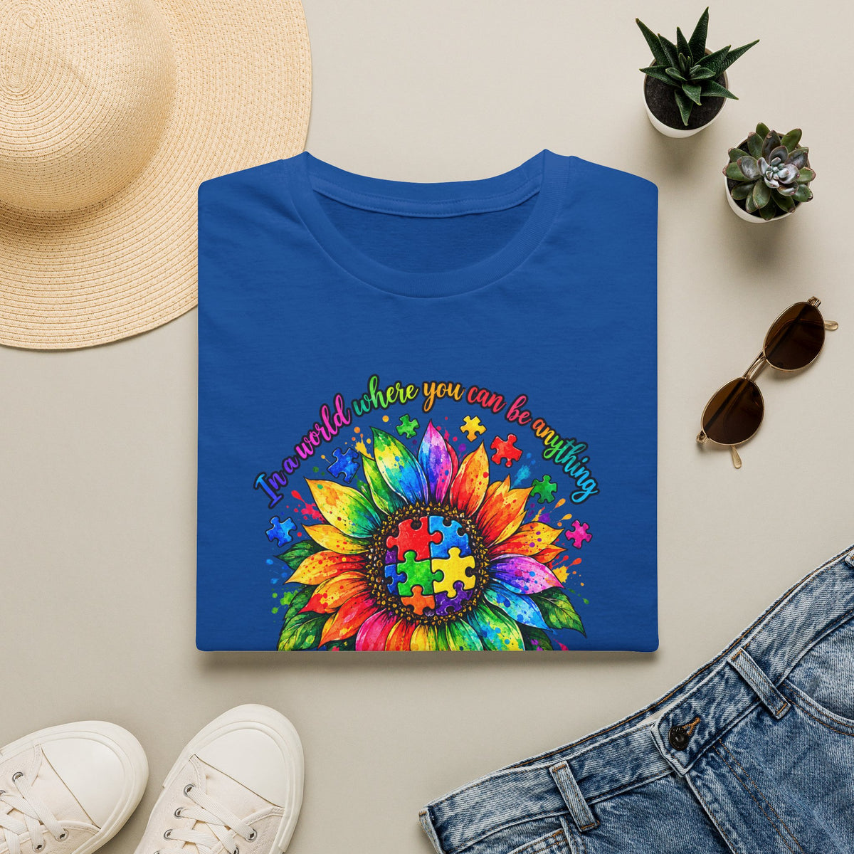 Autism Awareness Sunflower T-Shirt — 'Be Kind' Rainbow Puzzle Design