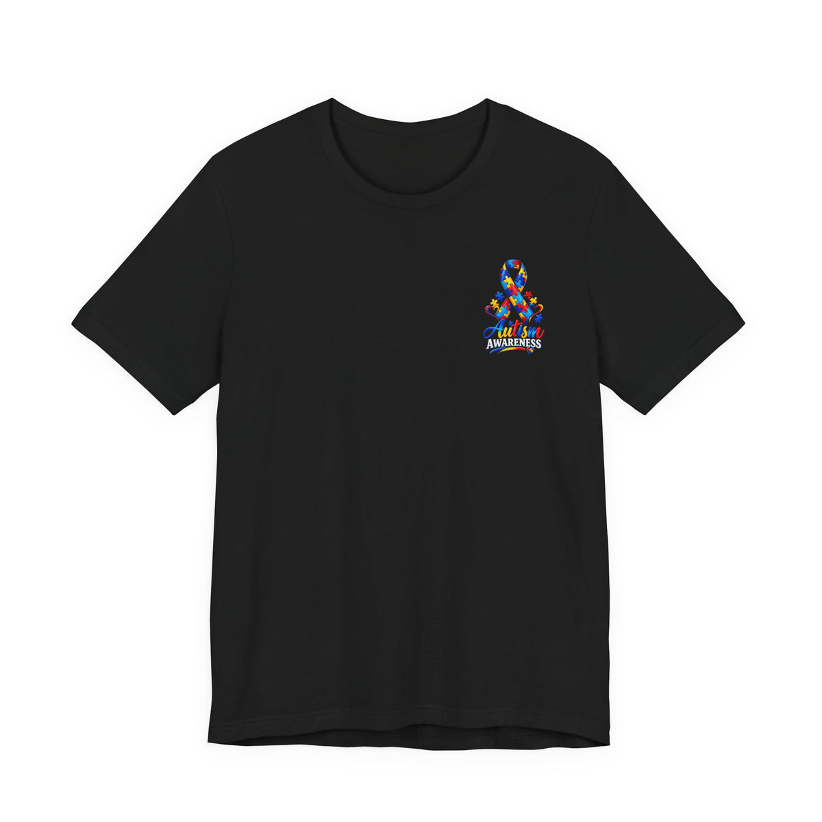 Autism Awareness Ribbon Chest Tee — 'Different, Not Less' Short Sleeve T-Shirt