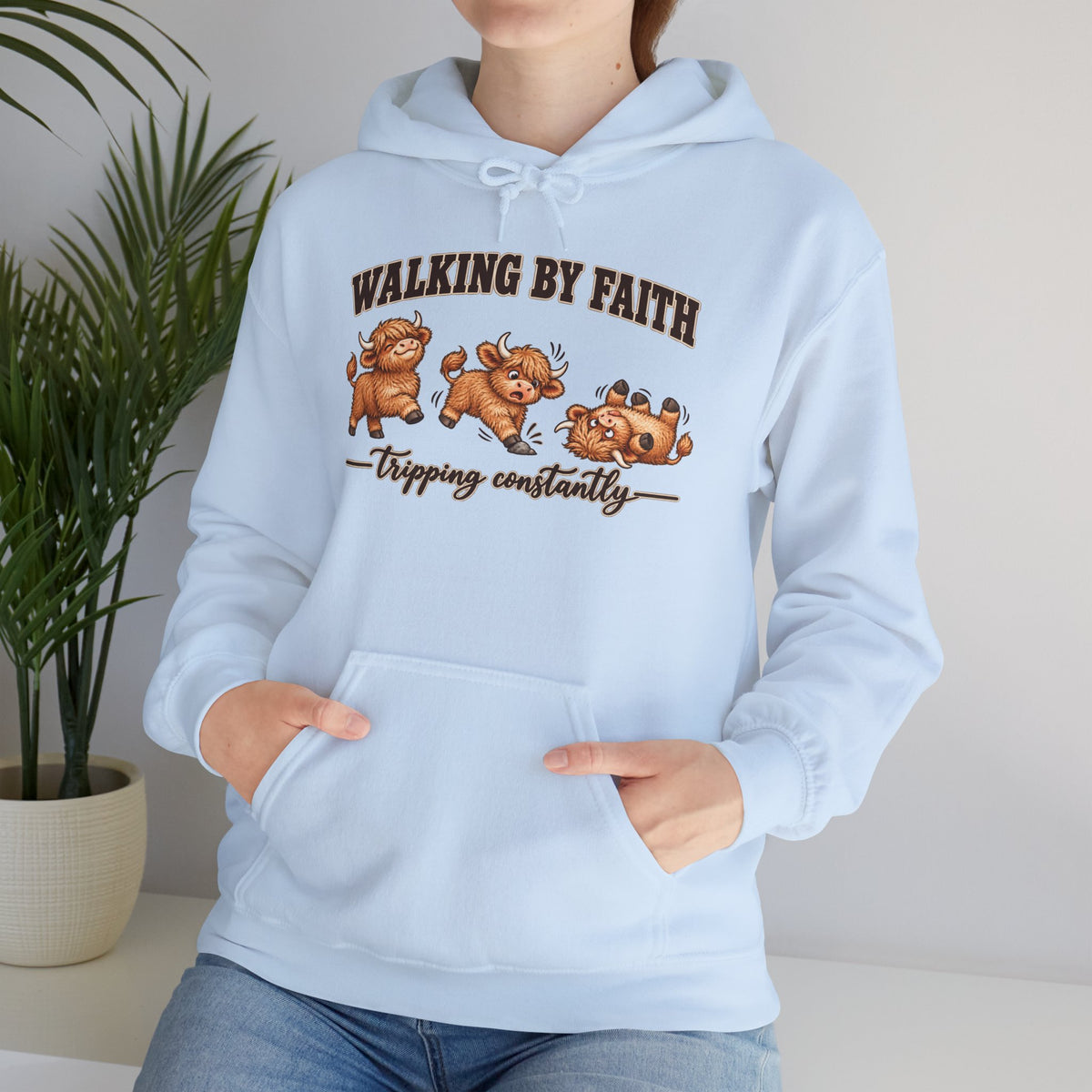 Walking by Faith Christian Highland Cow Hoodie