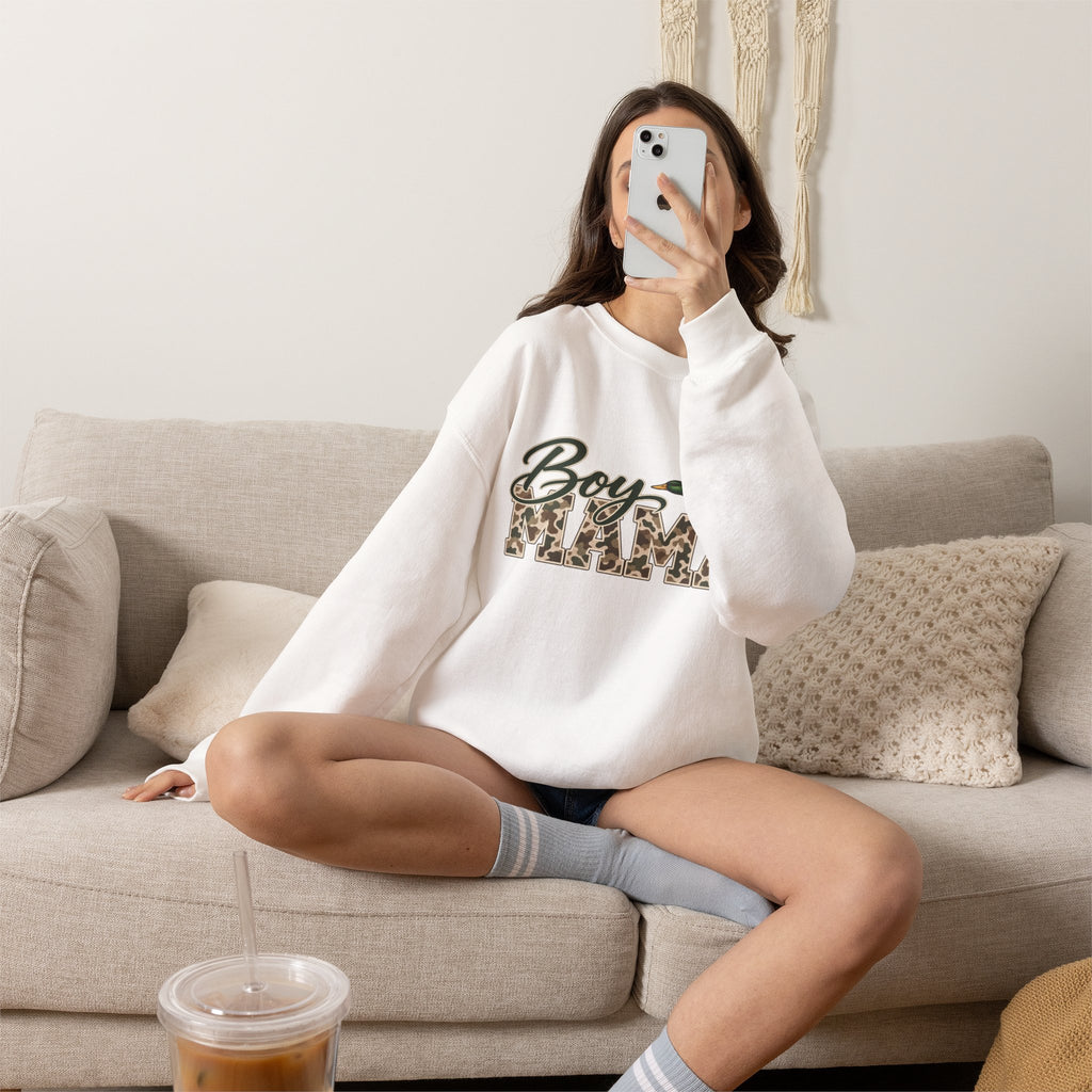 Boy Mama Crewneck Sweatshirt — Camo Lettering with Flying Duck