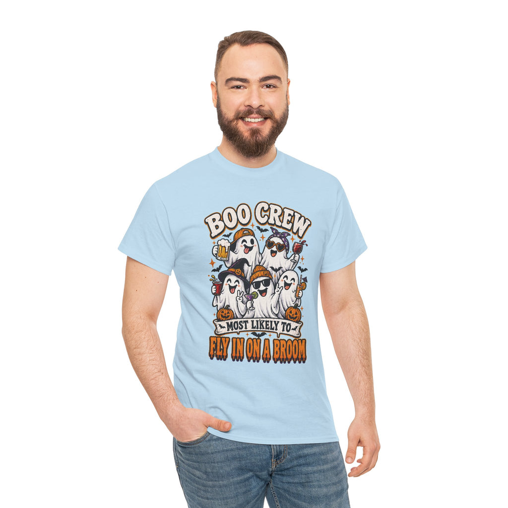 Boo Crew T-Shirt — “Most Likely to Fly on a Broom” Halloween Ghost Tee