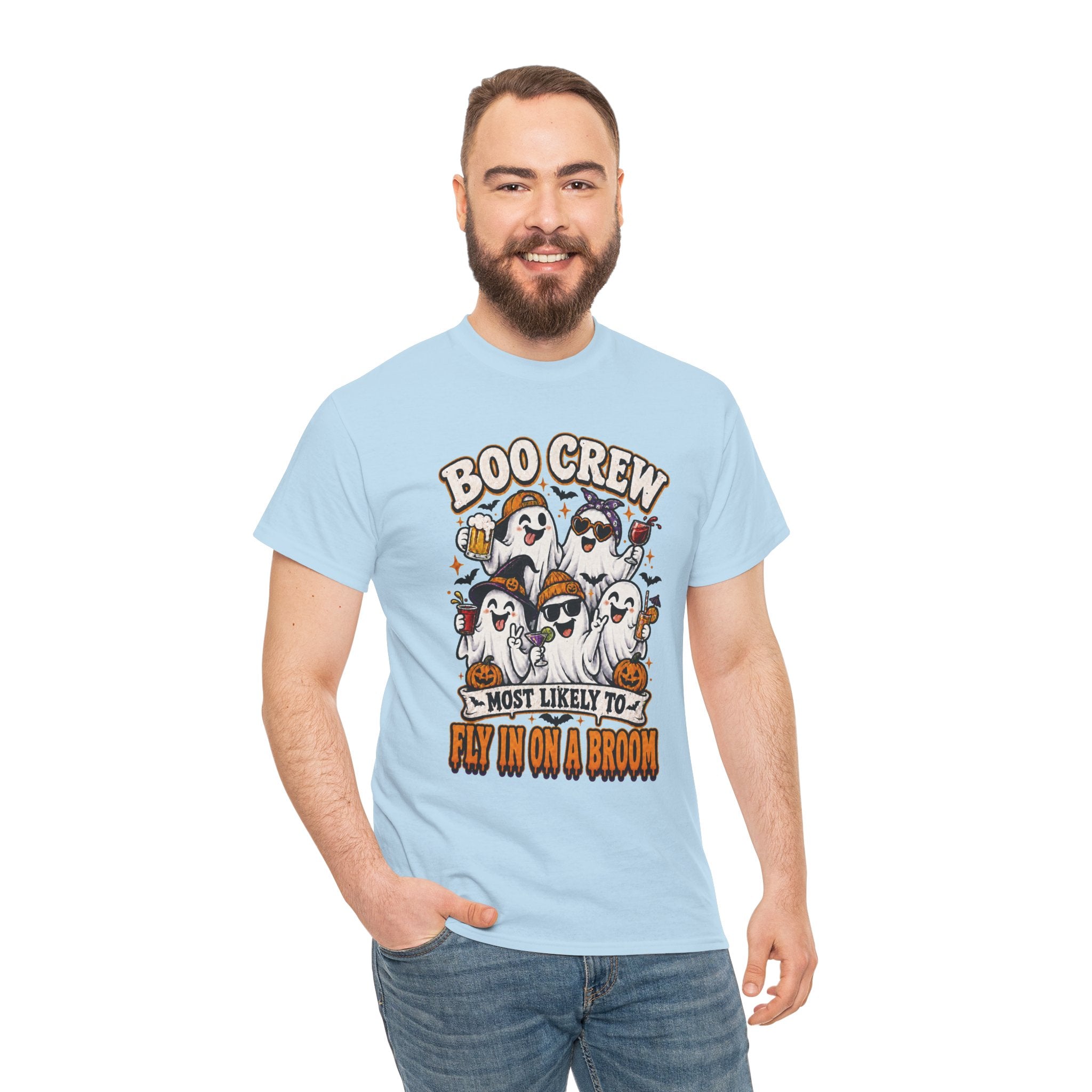 Boo Crew T-Shirt — “Most Likely to Fly on a Broom” Halloween Ghost Tee