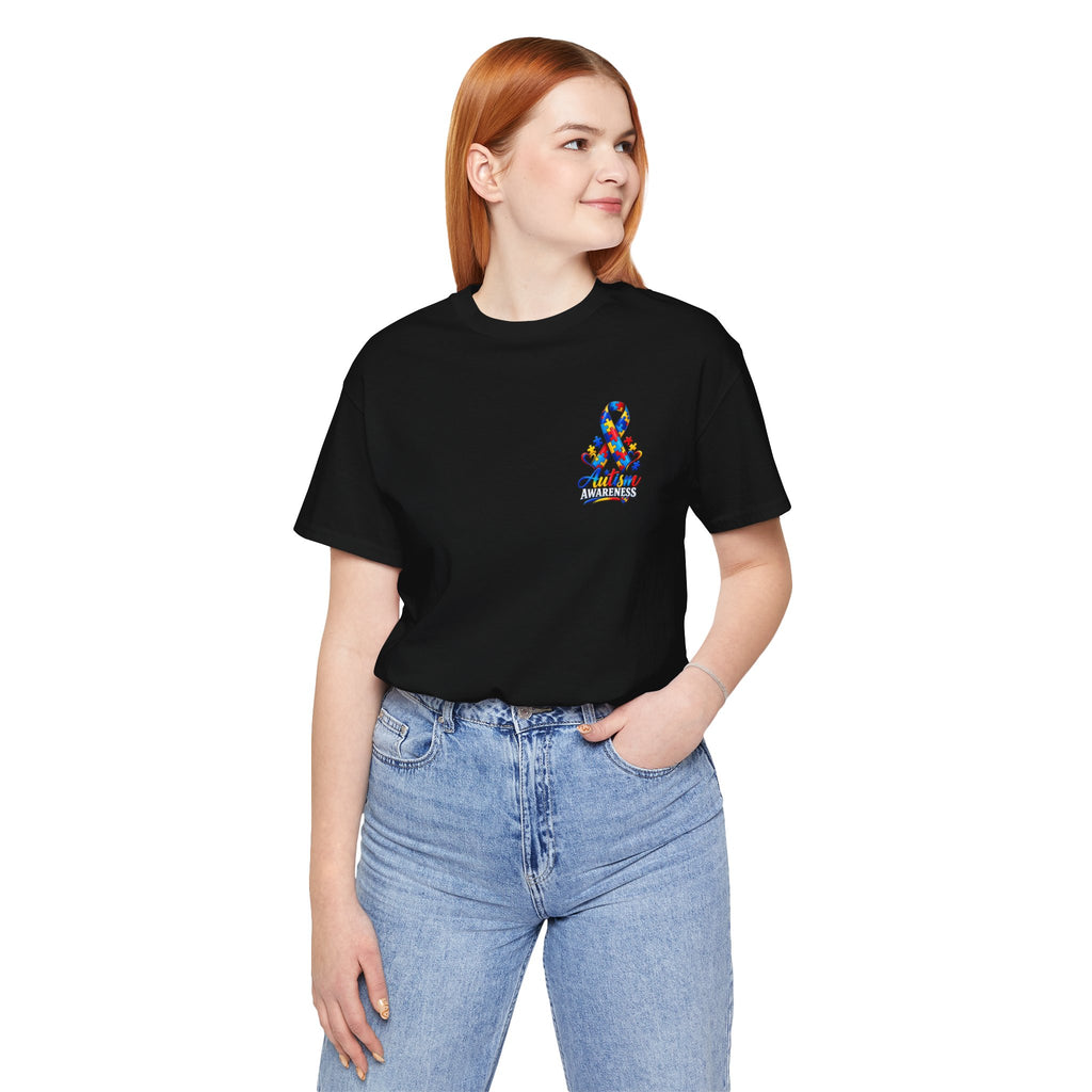 Autism Awareness Ribbon Chest Tee — 'Different, Not Less' Short Sleeve T-Shirt