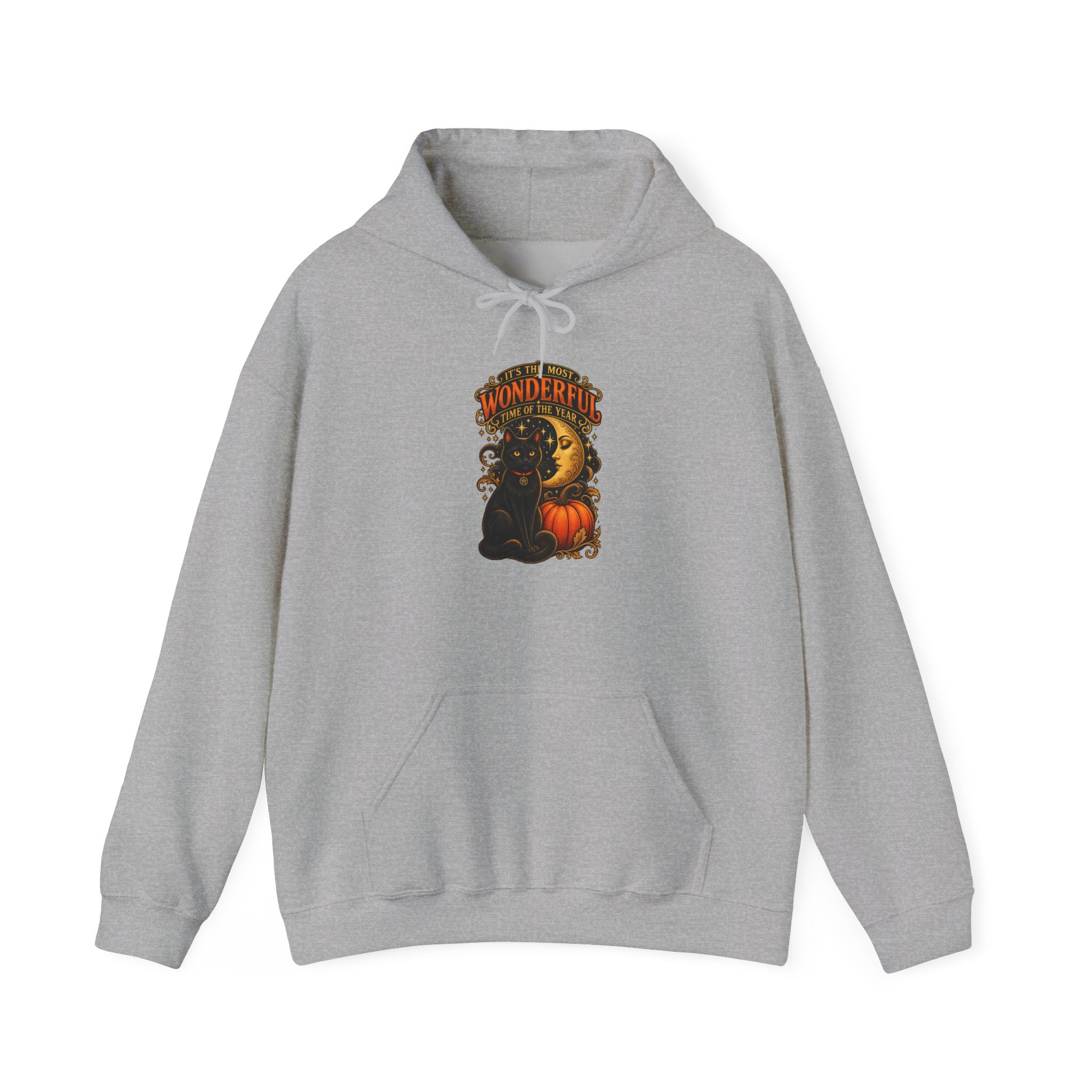 Halloween Hoodie Women – Vintage Black Cat & Moon Pumpkin Sweatshirt | Fall Gift Idea