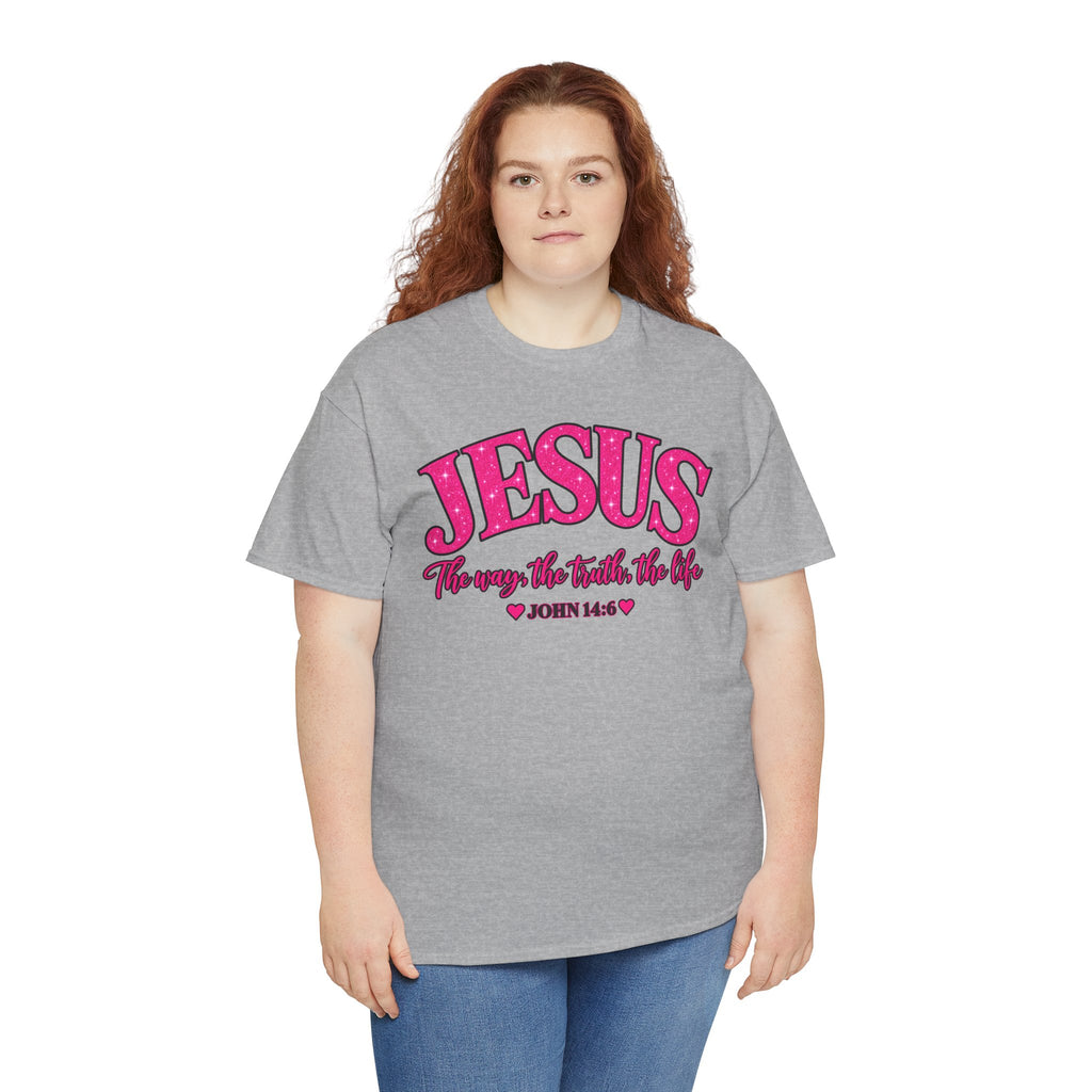 Christian T-Shirt — "JESUS The way, the truth, the life" (John 14:6) Pink Vintage Script