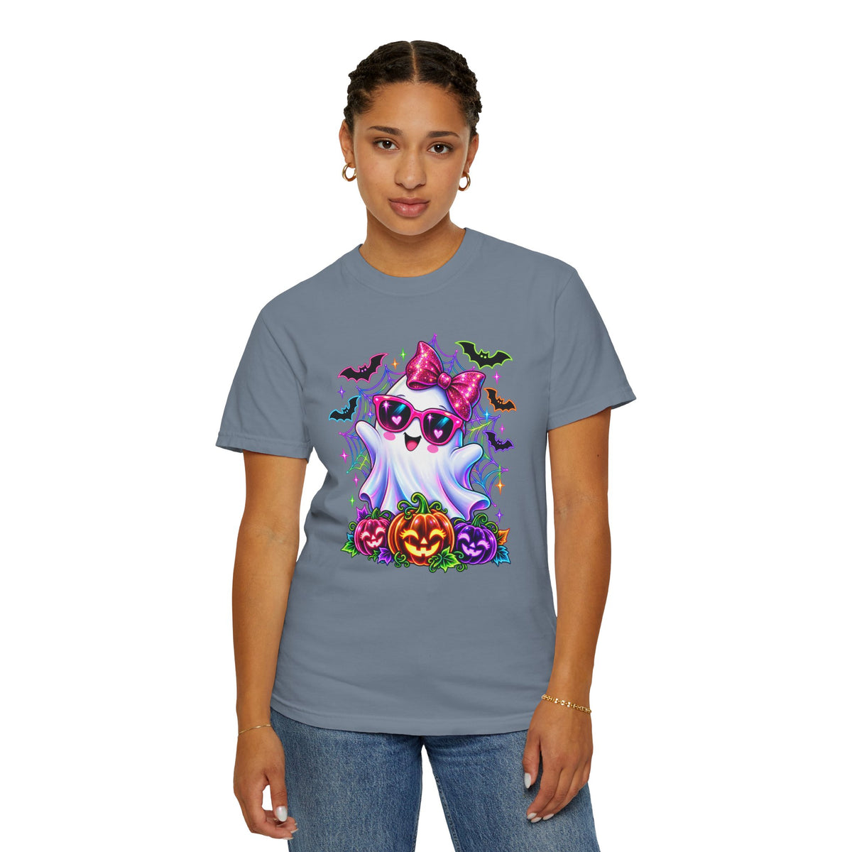 Cute Halloween Ghost T-Shirt — Pink Bow Ghost with Sunglasses & Pumpkins