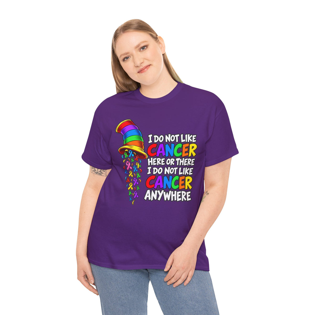 Cancer Awareness T-Shirt — “I Do Not Like Cancer Here or There” Rainbow Ribbon Tee
