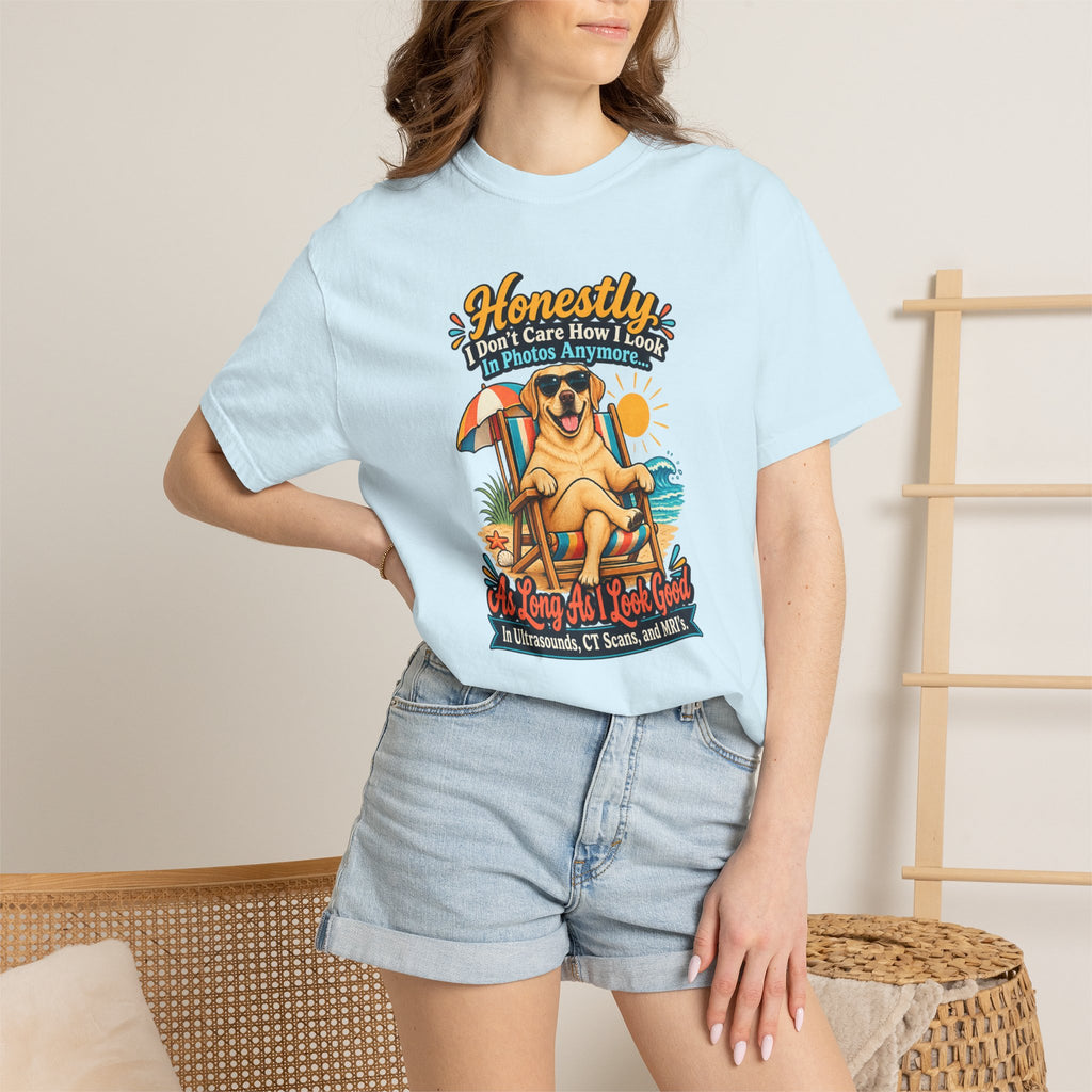 Honestly I Don’t Care How I Look In Photos Anymore T-Shirt — Funny Beach Dog Graphic Tee