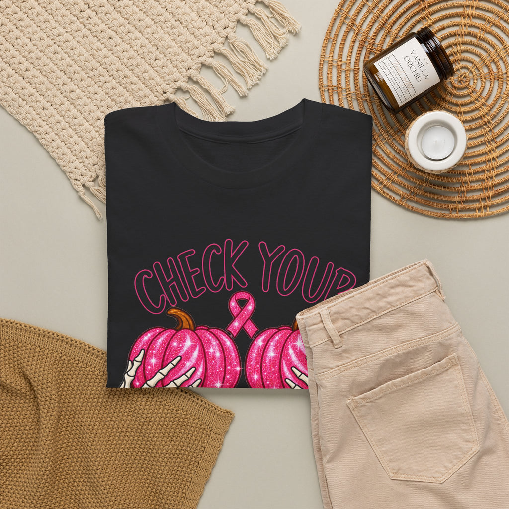 Breast Cancer Awareness T-Shirt — "Check Your Pumpkins for Lumps" Pink Ribbon Tee