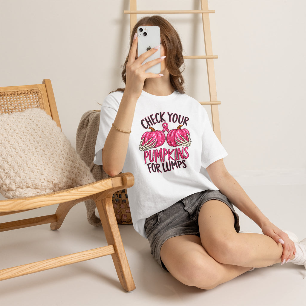 Breast Cancer Awareness T-Shirt — "Check Your Pumpkins for Lumps" Pink Ribbon Tee