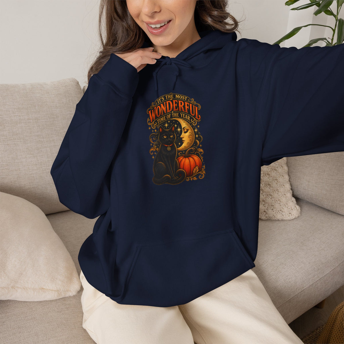Halloween Black Cat Moon Hoodie – Vintage Pumpkin & Crescent Moon Fall Sweatshirt
