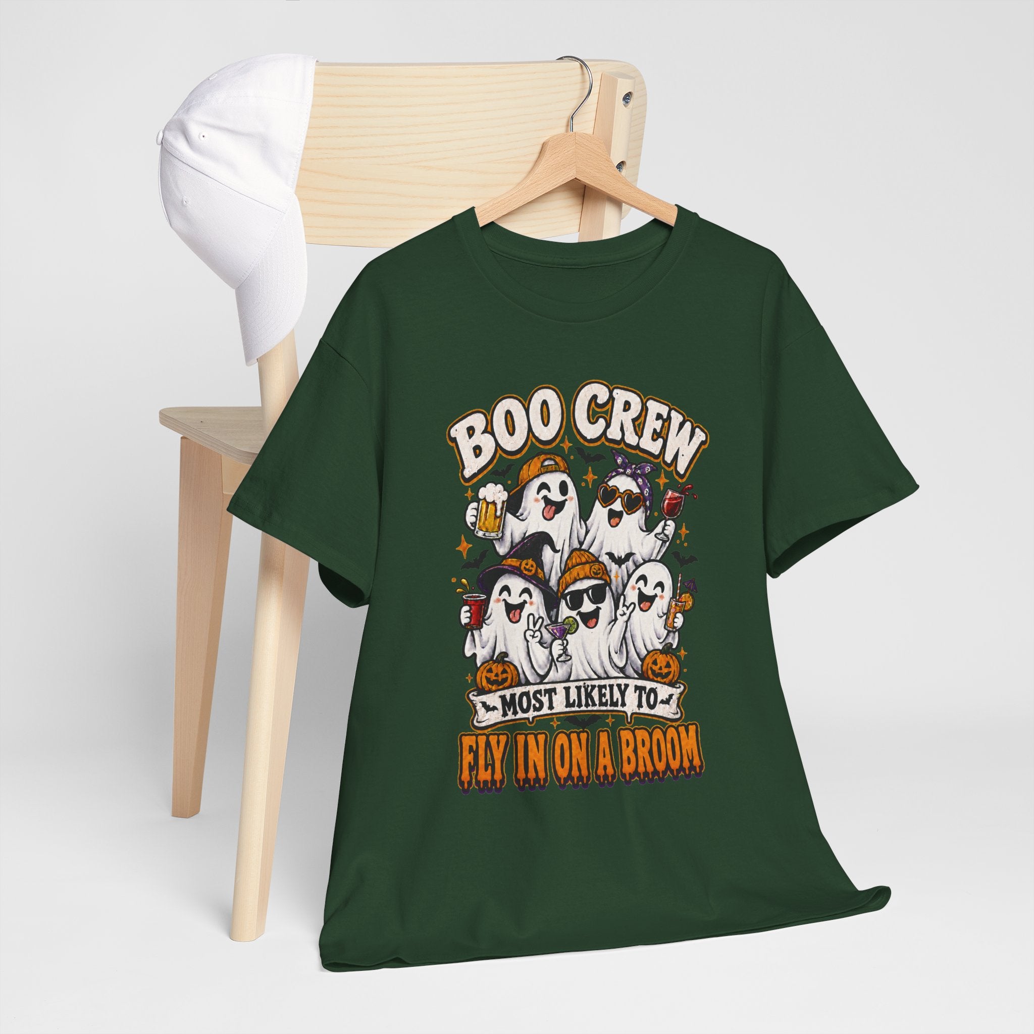 Boo Crew T-Shirt — “Most Likely to Fly on a Broom” Halloween Ghost Tee