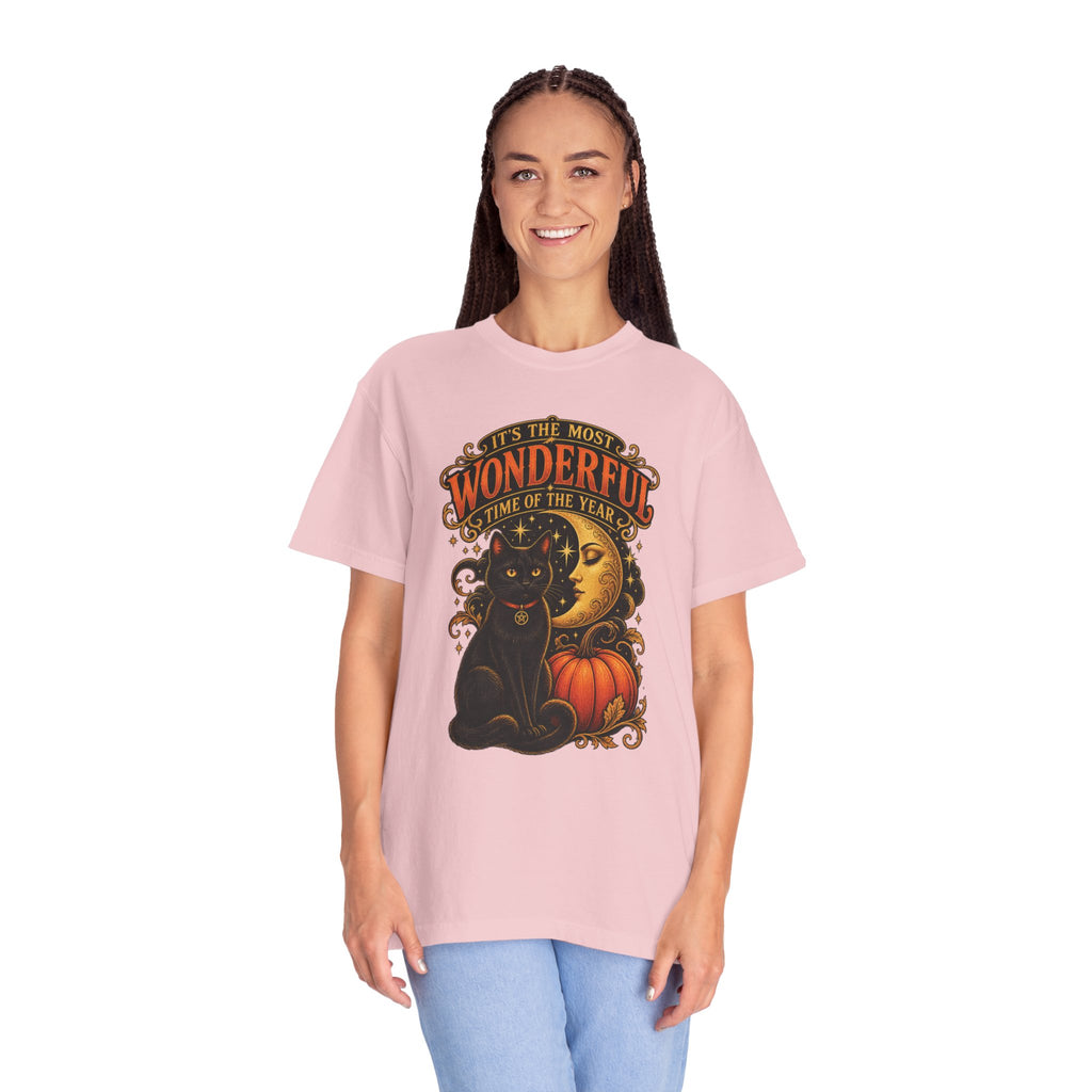 T-Shirt — "It's the Most Wonderful Time of the Year" Halloween Black Cat & Pumpkin