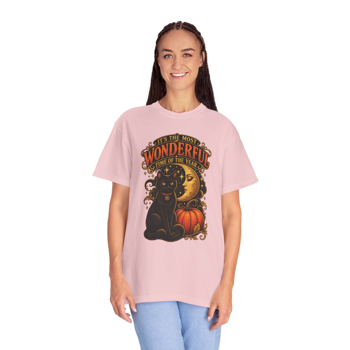 T-Shirt — "It's the Most Wonderful Time of the Year" Halloween Black Cat & Pumpkin