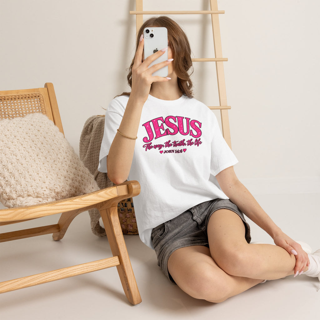 Christian T-Shirt — "JESUS The way, the truth, the life" (John 14:6) Pink Vintage Script