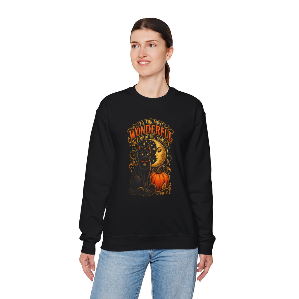 Vintage Halloween Sweatshirt - "It's the Most Wonderful Time of the Year" Black Cat & Moon Design