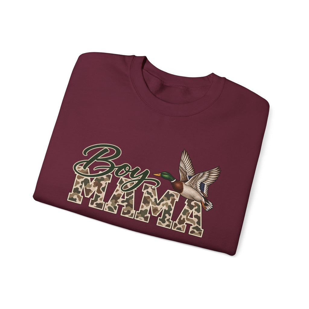 Boy Mama Crewneck Sweatshirt — Camo Lettering with Flying Duck