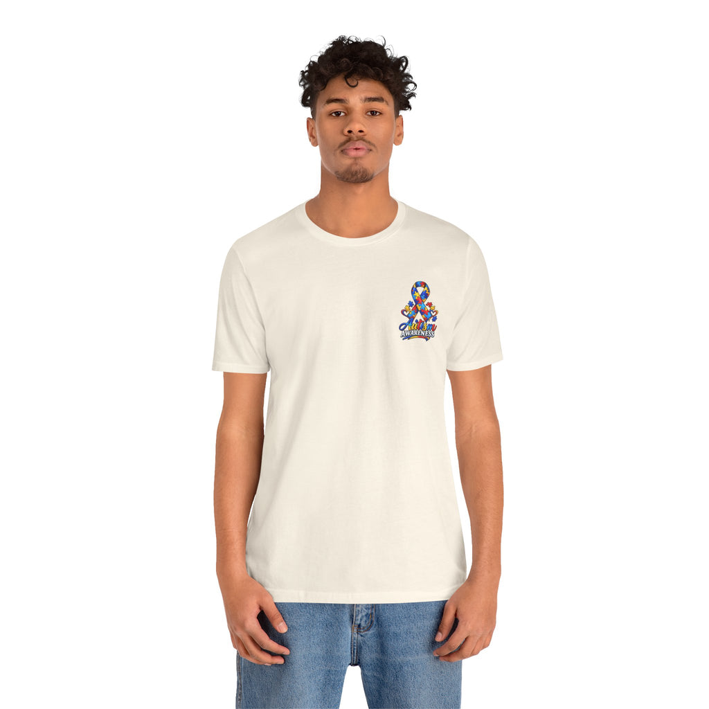 Autism Awareness Ribbon Chest Tee — 'Different, Not Less' Short Sleeve T-Shirt