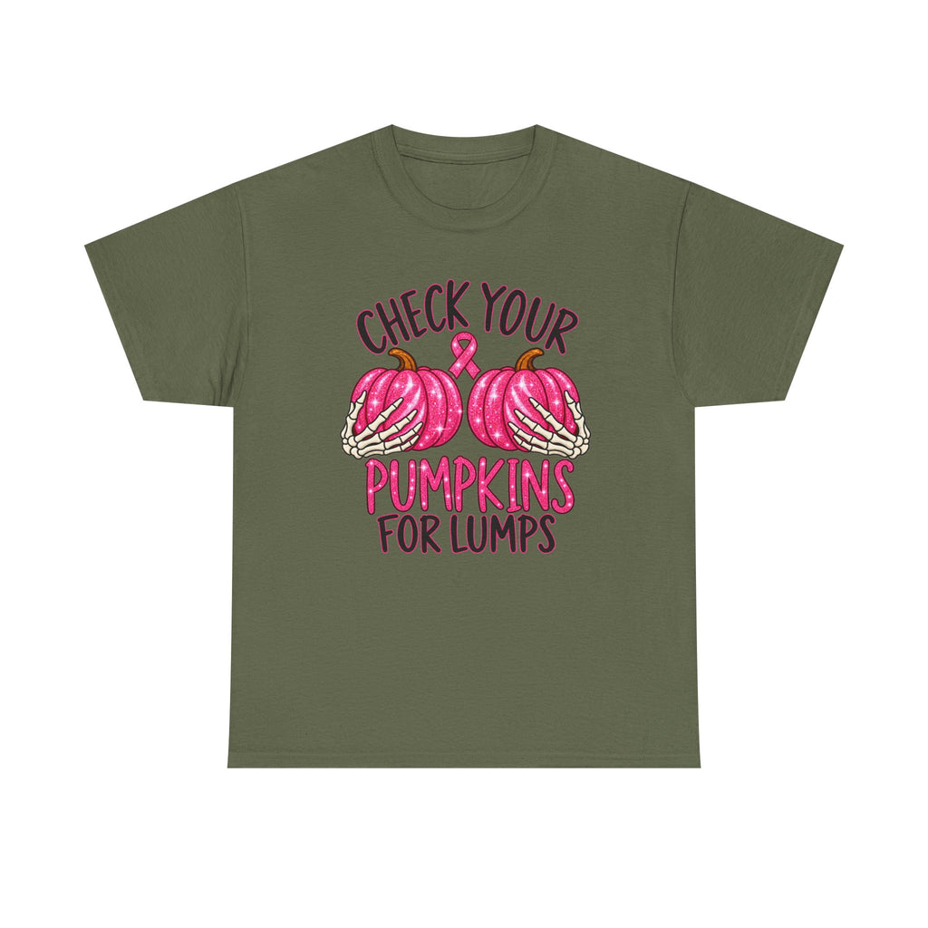 Breast Cancer Awareness T-Shirt — "Check Your Pumpkins for Lumps" Pink Ribbon Tee