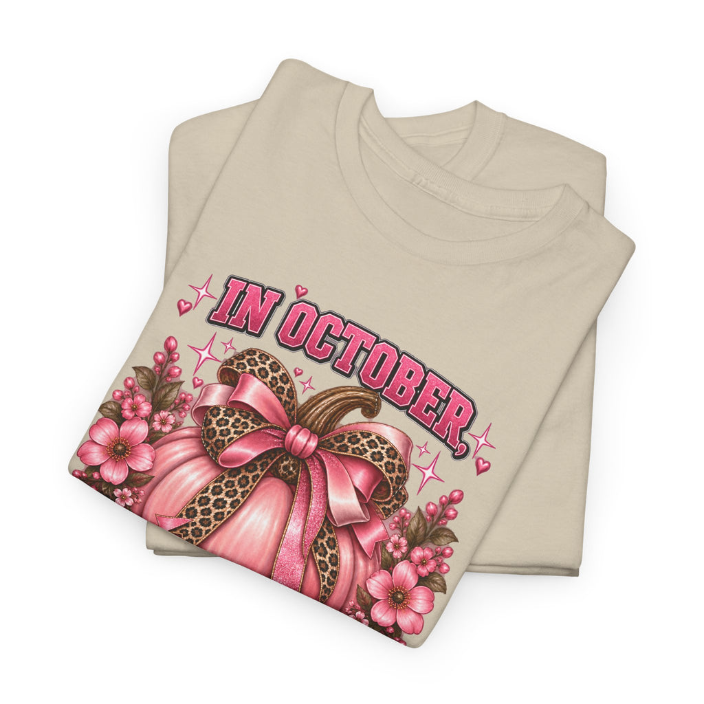 Breast Cancer Awareness T-Shirt — "In October We Wear Pink" Pumpkin Design