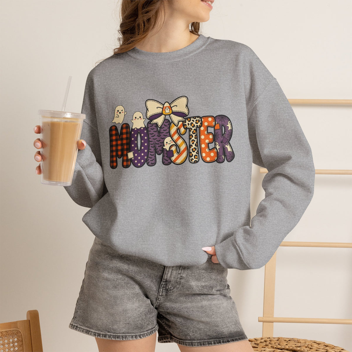 Momster Halloween Sweater | Momster Crewneck Sweatshirt, Halloween mom, purple orange spooky lettering