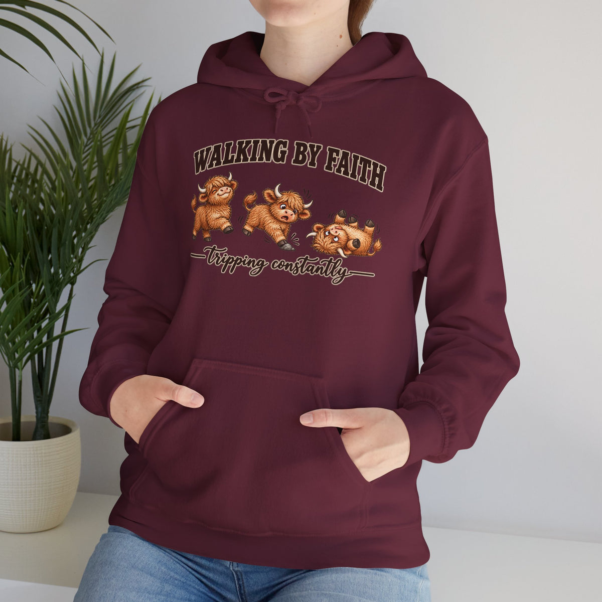 Walking by Faith Christian Highland Cow Hoodie