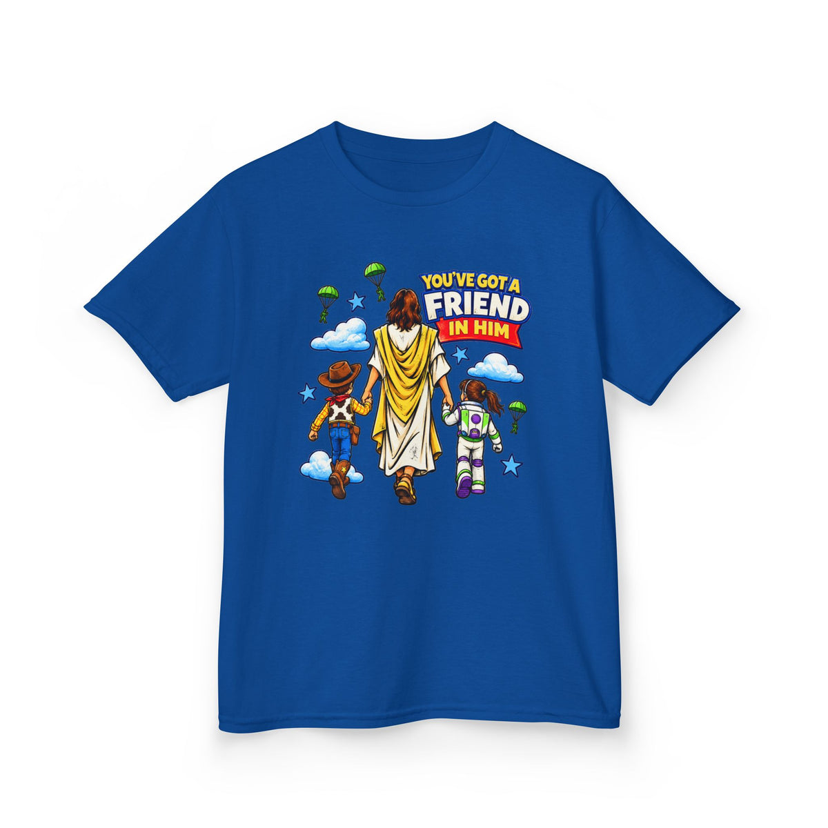 Kids Tee — "You've Gotta Friend in Him" Inspirational Jesus & Toy Friends Graphic