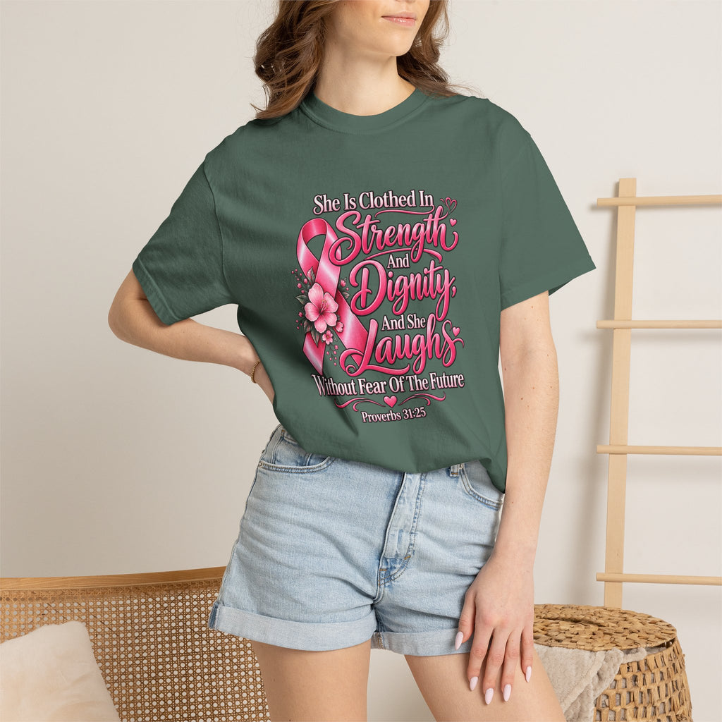Breast Cancer Awareness T-Shirt — "She is Clothed in Strength" Pink Ribbon Tee