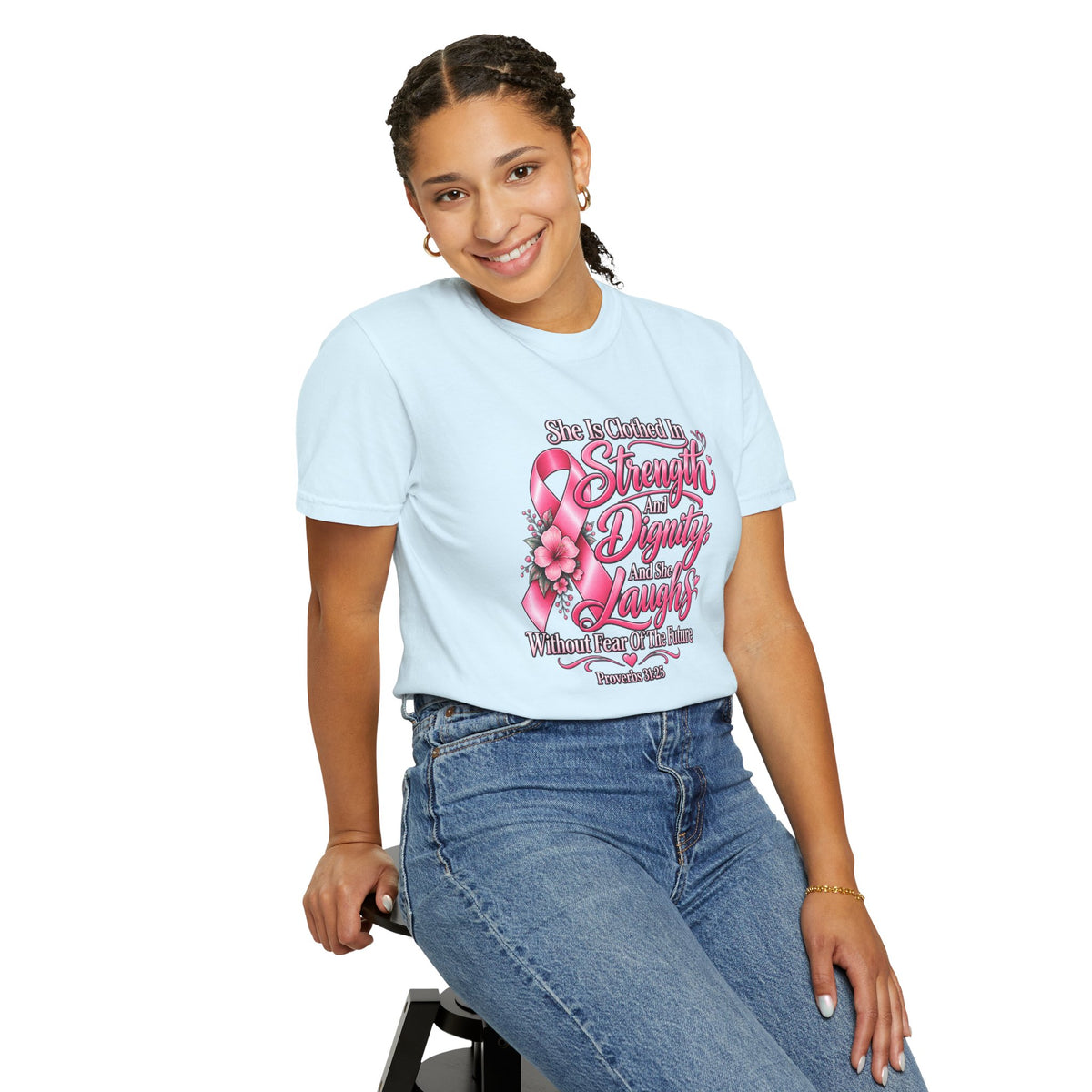 Breast Cancer Awareness T-Shirt — "She is Clothed in Strength" Pink Ribbon Tee