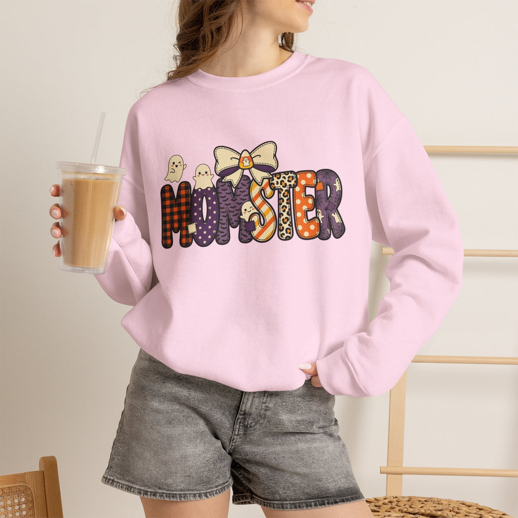 Momster Halloween Sweater | Momster Crewneck Sweatshirt, Halloween mom, purple orange spooky lettering
