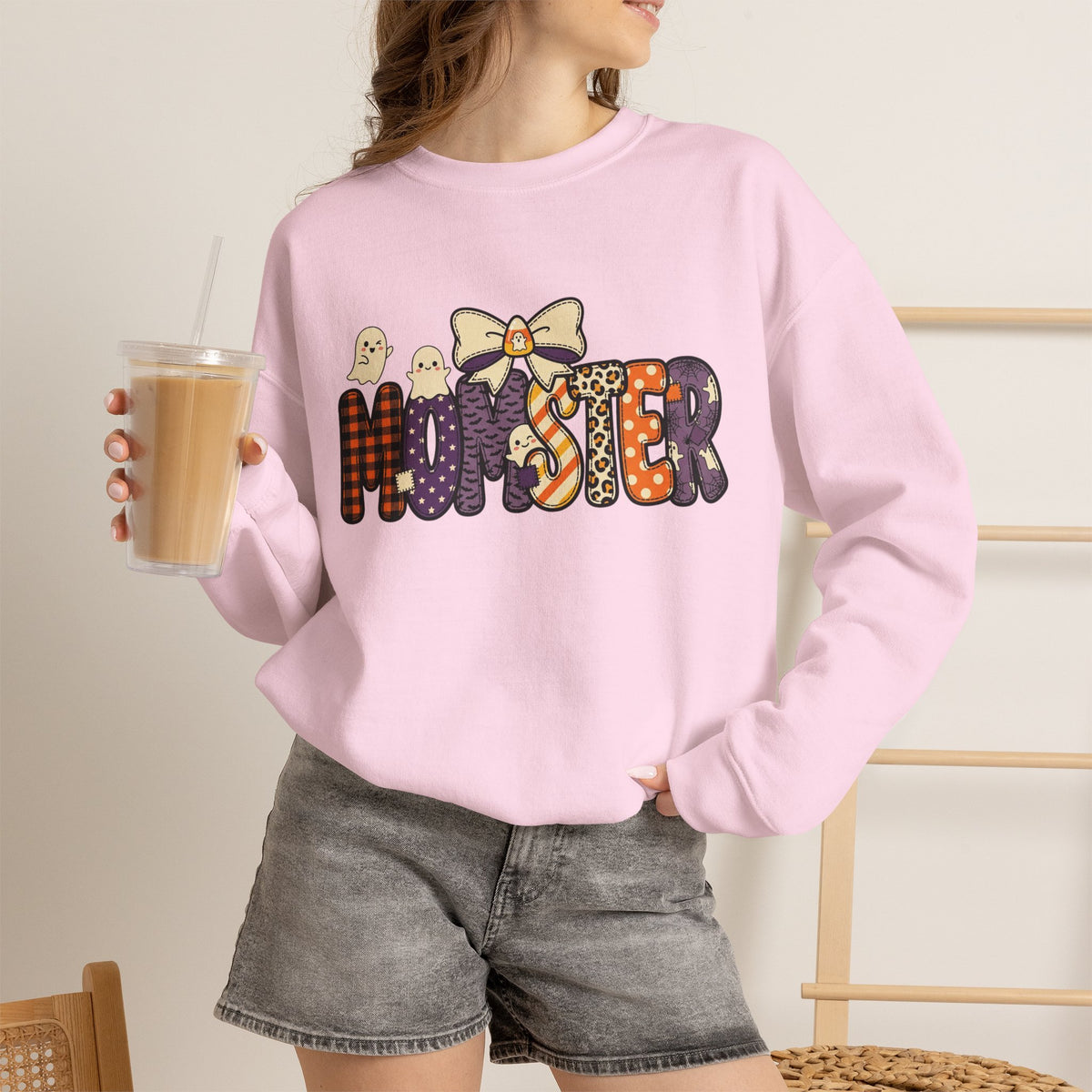 Momster Halloween Sweater | Momster Crewneck Sweatshirt, Halloween mom, purple orange spooky lettering