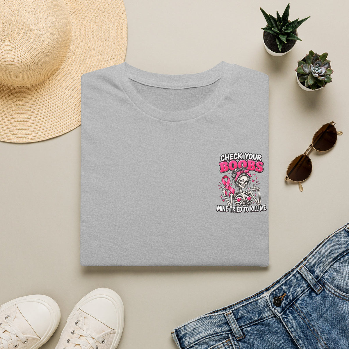 Breast Cancer Awareness T-Shirt — “Check Your Boobs, Mine Tried to Kill Me” Graphic Tee