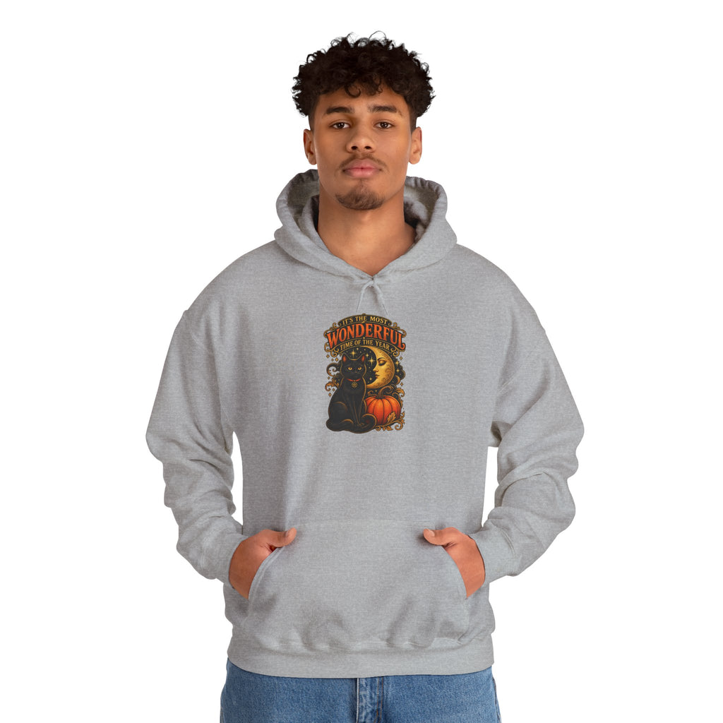 Halloween Black Cat Moon Hoodie – Vintage Pumpkin & Crescent Moon Fall Sweatshirt